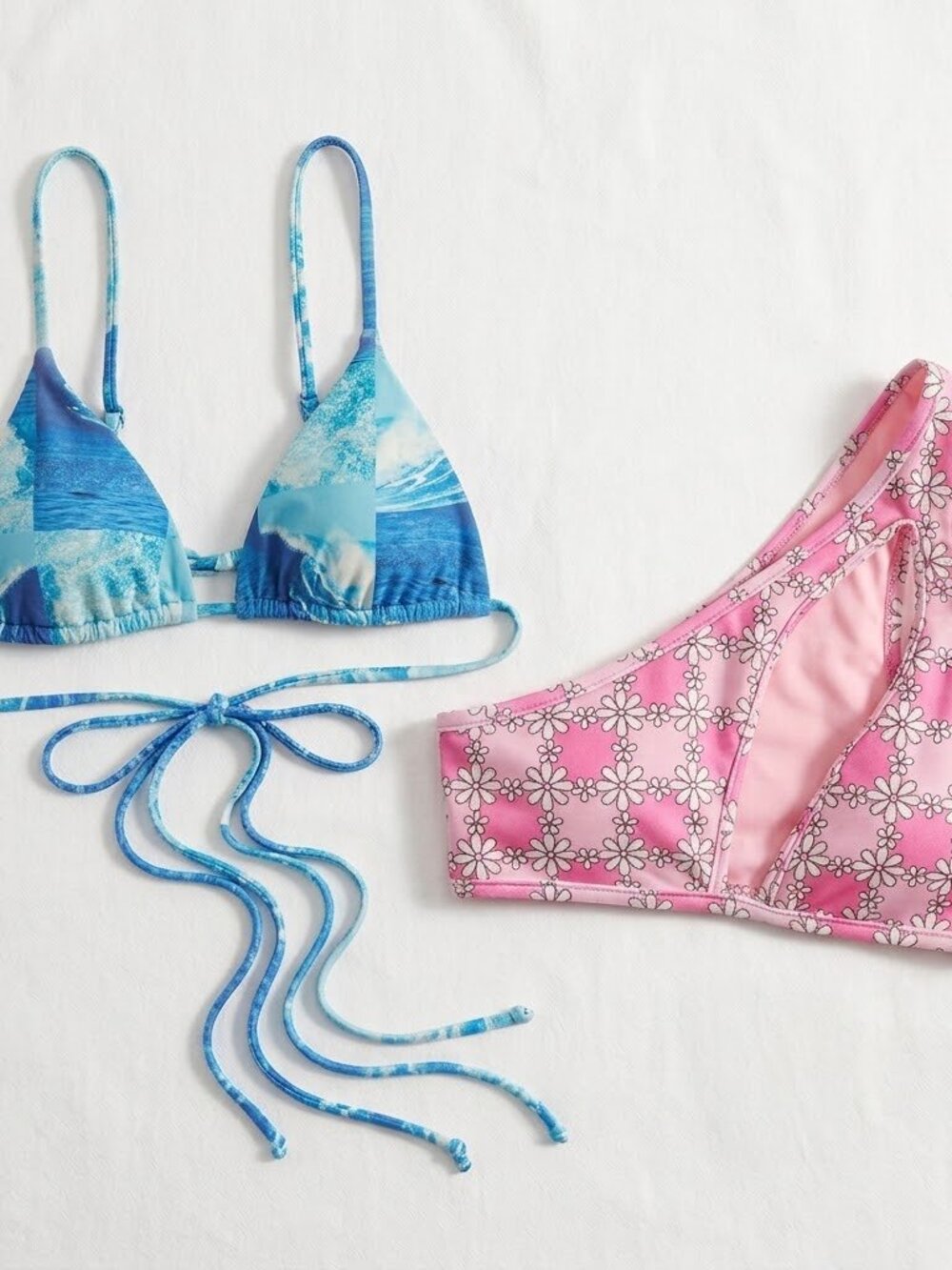 Frankies Bikinis LOT 2 TOPS S & M Pink Daisy 1 Shouldr + Blu Wave Triangle STEAL